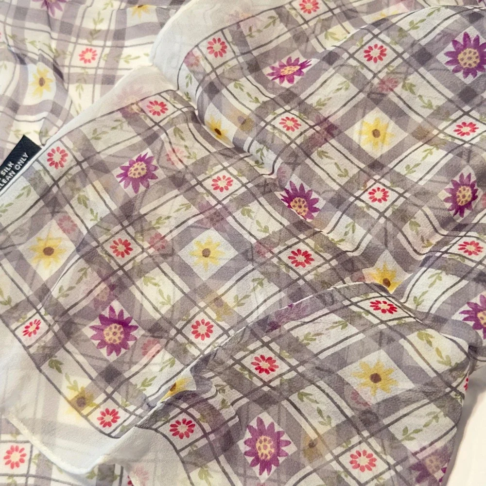 Cejon Silk Scarf Square Plaid Floral Purple Yellow Vtg Y2K 90s Printed‎ in Korea